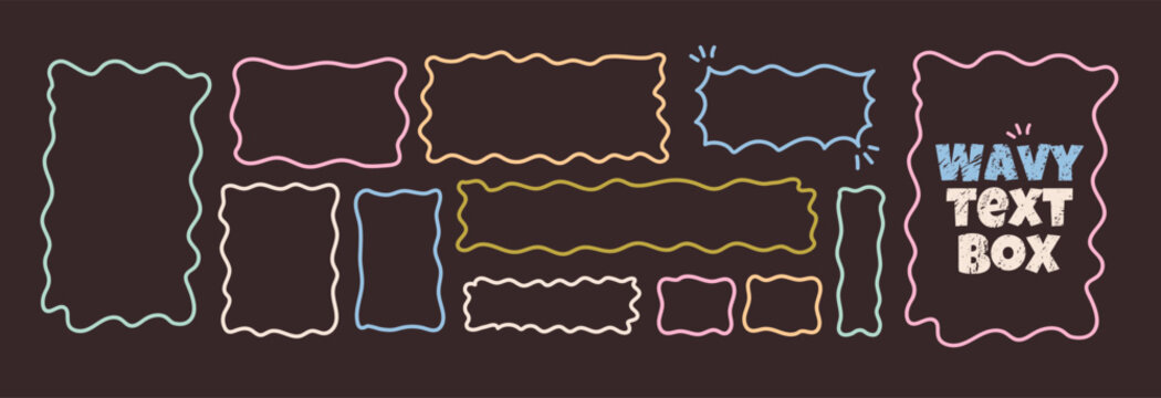 Irregular speech bubbles and square frames in groovy hand drawn style. Text boxes, frames, and organic shapes. Retro doodle style with wavy borders for banners and quotes.
