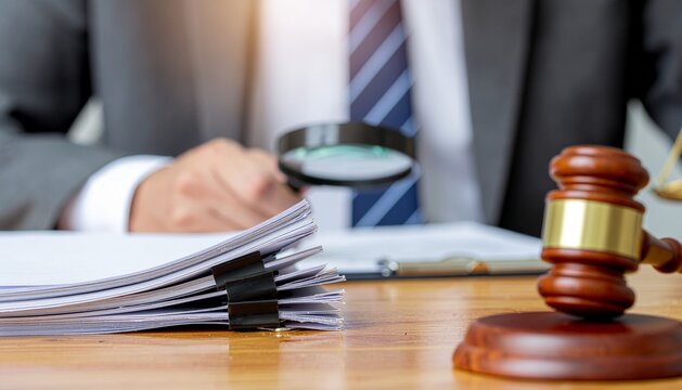 Close-up scene of a professional reviewing legal paperwork with magnifying glass next to a judge gavel