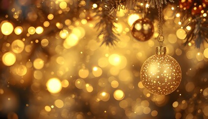 A beautifully decorated Christmas tree with golden ornaments and lights in the background