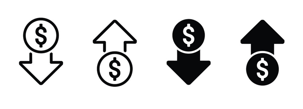 Dollar Money Vector Icon Set, Illustrations of Increasing and Decreasing Costs, Profit and Loss Symbols for Financial Reports, Business Applications, and Creative Graphic Design.