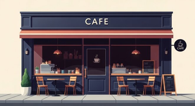 Exterior illustration of a small cafe with awning, tables, and sidewalk