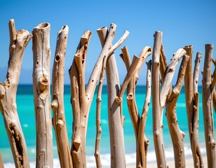 Sunny Beach Scene with Wooden Driftwood Fence and Ocean View