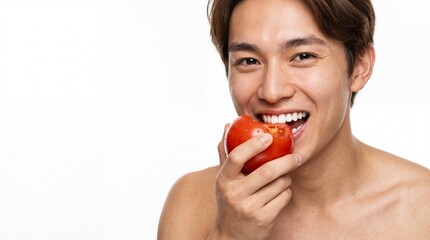 農産物広告やヘルシーな食生活をイメージした、新鮮なトマトをかじる笑顔の日本人美男子ポートレート