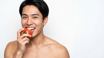 農産物広告やヘルシーな食生活をイメージした、新鮮なトマトをかじる笑顔の日本人美男子ポートレート