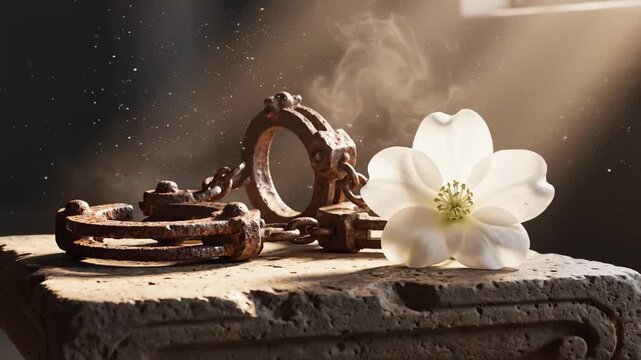 Symbolic Representation of Freedom and Hope: Rusty Shackles Beside a Delicate White Flower