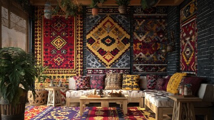 Fototapeta premium Bohemian living room features colorful textiles and warm lighting.
