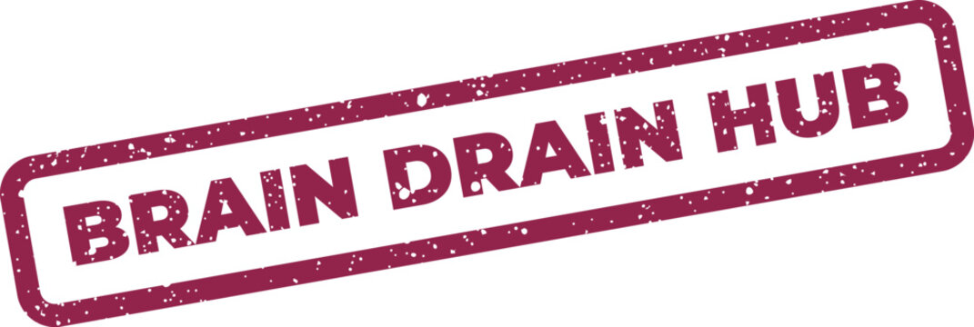 Rectangular textured stamp showing the phrase Brain Drain Hub with a vintage, worn impression visual