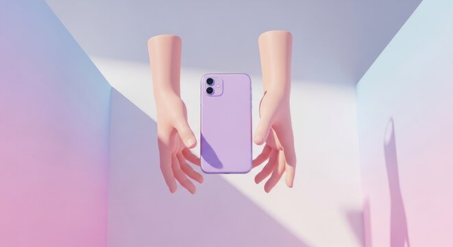 Stylized scene showing disembodied arms holding a lavender-colored phone