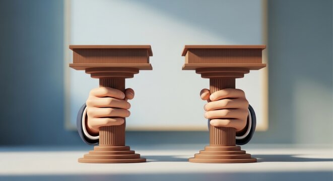 Two cartoon hands hold up wooden podiums, a blurred blank board in the back