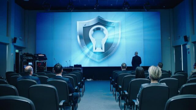Cybersecurity experts and managers watching digital shield presentation on screen, concept for data protection seminar, network security training and corporate digital privacy