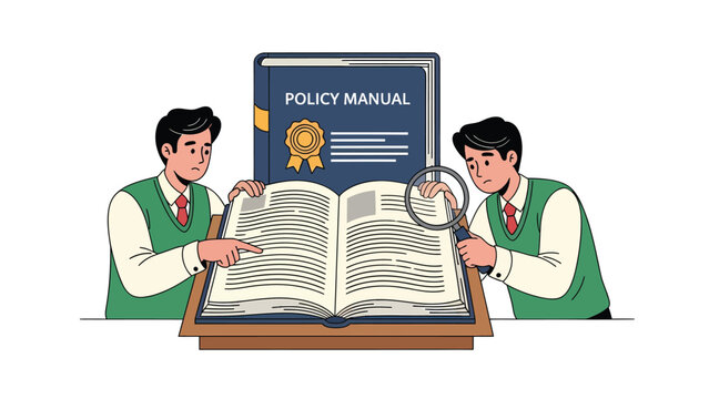 Team analyzing policy manual with magnifying glass. Business compliance, rules, regulations, and corporate governance study.