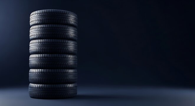 Stack of New Black Tires Against Dark Background for Automotive and Transportation.