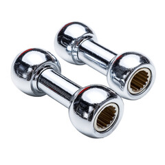 Obraz premium Gleaming pair of chrome dumbbells against a stark black background, fitness equipment