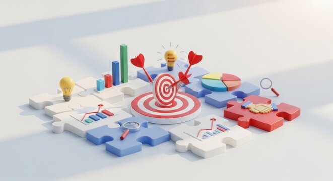 A 3D illustration shows jigsaw pieces with data analysis tools and a bullseye