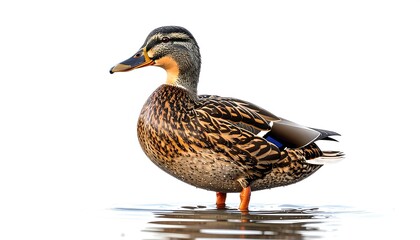 Fototapeta premium A close-up portrait of a female duck in water, showcasing its plumage and natural habitat against a white backdrop
