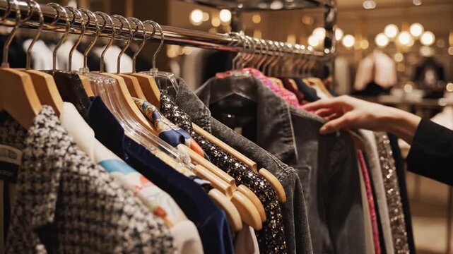 Tactile Exploration Of Textured Garments. Examining Sequined Dresses And Jackets Under Warm Lighting. Luxurious Boutique Showcasing Seasonal Outfits With Focused And Blurred Displays