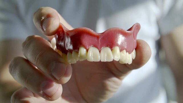 Detailed close up of a professional dental technician holding a complete upper denture set, concept for dental healthcare services, geriatric medicine and prosthetic dentistry
