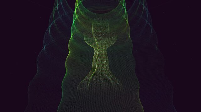 Seamless 4K loop of glowing optical thread hyperboloid twisting to a singularity choke-point with peristaltic light waves. Represents system architecture and data flow. Ideal for tech presentations 