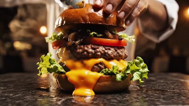 Hyper-realistic 4K cinematic footage of a premium handcrafted burger being layered on a dark stone kitchen counter, slow-motion placement of a sizzling flame-grilled beef patty onto a glossy buttered 
