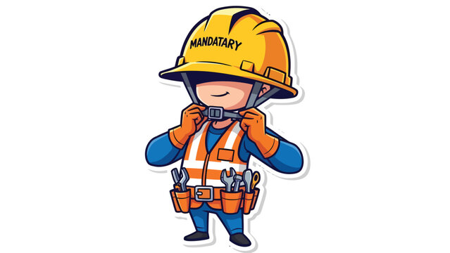 Cartoon construction worker adjusting mandatory hard hat and safety vest. Workplace safety illustration.