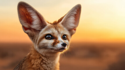 Fototapeta premium close-up of a bat-eared fox with large ears gazing toward the sunset in a warm, blurred natural landscape.