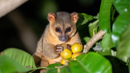 Fototapeta premium close-up of a small brown lemur holding yellow fruits while perched among green leaves at night.