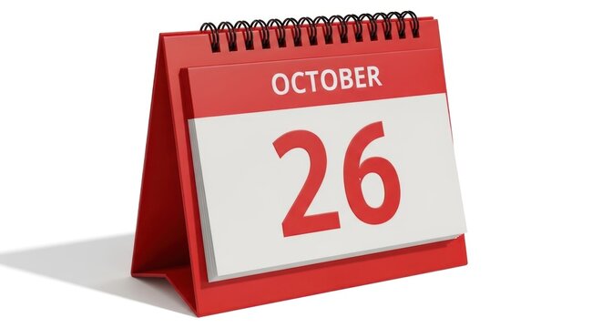 A red and white desktop calendar showing the month of October with the date 26