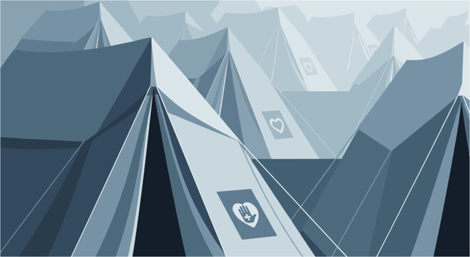 A stark, abstract illustration depicting a sprawling refugee camp, highlighting the urgent need for humanitarian aid and global support.