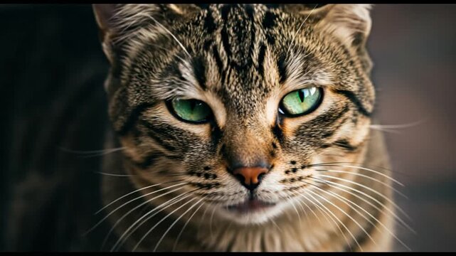 A close-up of a cat's face with striking green eyes and distinctive fur patterns (1)