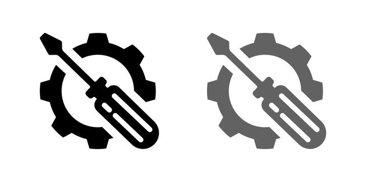 A graphic icon featuring a screwdriver crossed with a gear, symbolizing maintenance, repair, technical support, and industry. Available in black and gray.