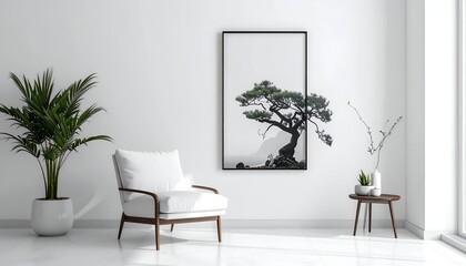 Fototapeta premium A bright, minimalist interior with a framed tree image, white armchair, potted plants, and small side table
