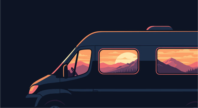 A modern camper van travels through a serene mountain landscape at sunset, showcasing adventure and the beauty of nature's golden hour.