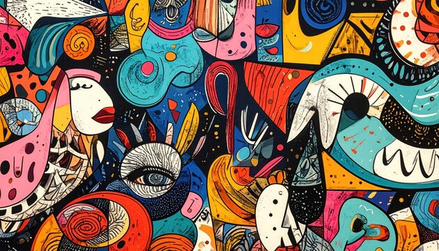 Abstract colorful art with eye, face, and geometric shapes