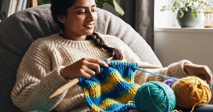 Woman sitting on couch knitting sweater.