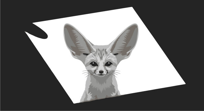 A captivating monochromatic illustration of a Fennec fox with large ears, subtly emerging from a white canvas, creating a striking visual contrast.