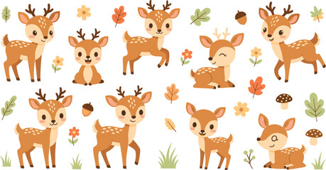 Cute baby deer collection with woodland forest elements, adorable cartoon fawn characters with leaves, flowers and mushrooms vector illustration set © MatRukshana