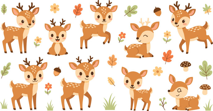 Cute baby deer collection with woodland forest elements, adorable cartoon fawn characters with leaves, flowers and mushrooms vector illustration set