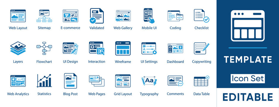 Template icon set. Containing wireframe, dashboard, analytics, ecommerce, ui, checklist, settings and more. Solid vector icons collection.