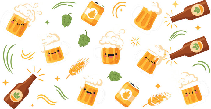 Cute beer mug and bottle characters seamless pattern with hops and barley, funny Oktoberfest beverage cartoon vector illustration background