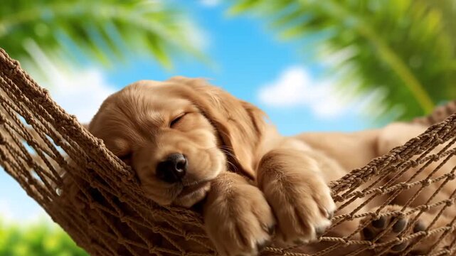 Puppy naps in tropical hammock.