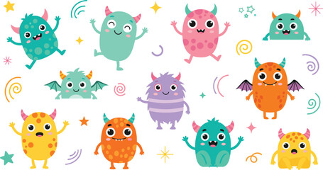 Naklejka premium Cute colorful monster characters collection with funny fantasy creatures, adorable cartoon mascots vector illustration set for kids and Halloween design