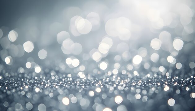 A sparkling silver background with bright white bokeh lights and a glittery texture