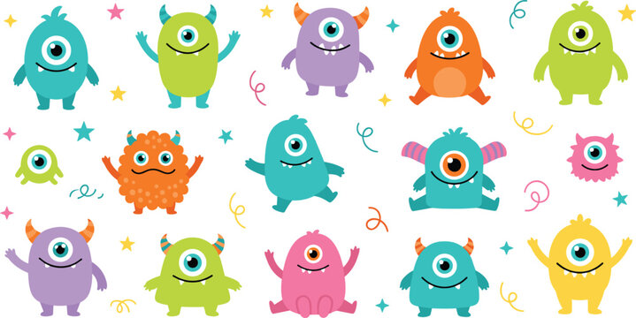 Cute cartoon monster characters collection with colorful one eyed creatures, funny fantasy mascots vector illustration set for kids design