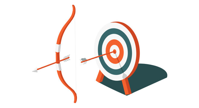 A vibrant red bow and arrow perfectly hit the bullseye of a circular target, symbolizing precision, achievement, and success in a competitive environment.