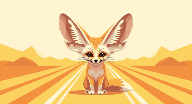 An adorable cartoon fennec fox with remarkably large ears sits patiently on a desert road, creating a charming and whimsical scene.