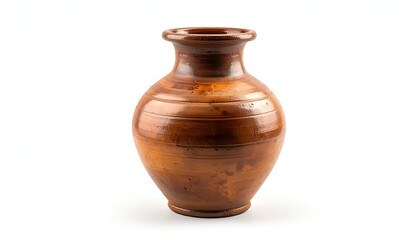 A classical, brown, pottery vase, featuring a bulbous body, a narrow neck, and a flared rim, against a plain white background