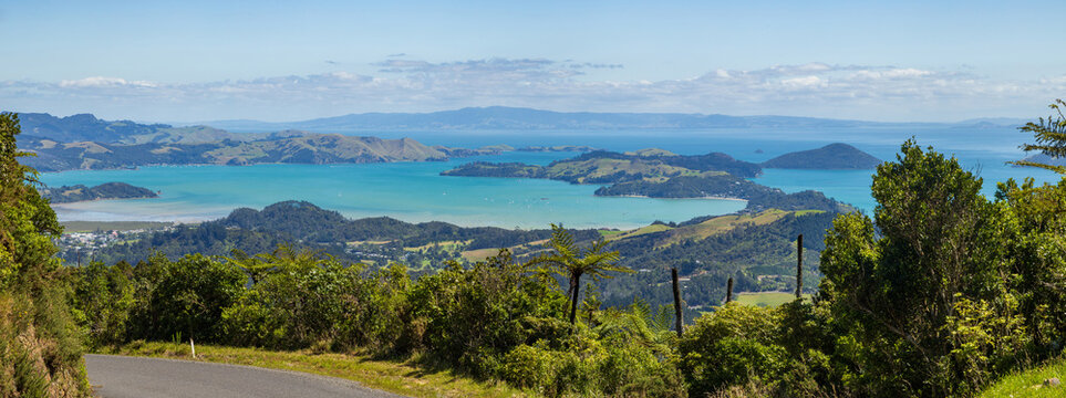 Panoramic view of the coastline of the western Coromandel Peninsula, New Zealand, looking toward Coromandel township