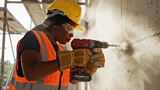 Worker Operates Tools. Professional Worker Uses Cordless Drill To Extract Concrete Carefully. Experienced Tradesperson Employs Safety Measures While Extracting Concrete At Renovation Site
