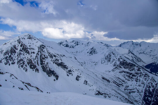 snow covered mountains, view from Lespezi Ridge, Fagaras Mountains, Romania 