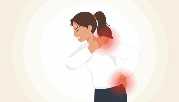 vector of woman grimacing in pain, holding her neck, shoulder, and lower back, experiencing widespread musculoskeletal discomfort and chronic pain